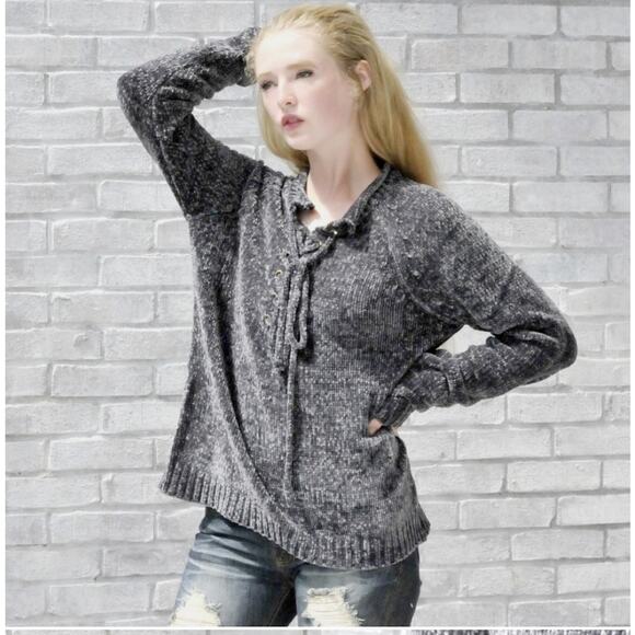 Chenille Crew Neck Sweater Top, Quarter Lace up Tunic - Picture 8 of 9